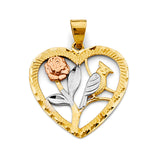 14K 3C Heart with Flower & Bird Pendant (PT2927)