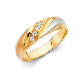 Unisex Tri-Colored Merging Lines CZ Wedding Band + Engagement Ring