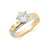 Women Two-Toned Star and Cross CZ Wedding Band Trio Set + Engagement Ring