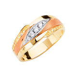 Unisex Tri-Color Lines CZ Wedding Band + Engagement Ring