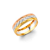 Unisex Tri-Color Stacked Cross Line Textured CZ Wedding Trio Band