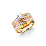 Unisex Tri-Color Stacked Cross Line Textured CZ Wedding Trio Band