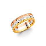 Unisex Tri-Color Stacked Swirl Line Textured CZ Wedding Trio Band