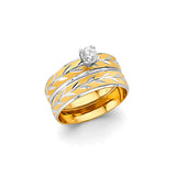 Ladies Gold and White Gold Flowing Leaf CZ Wedding Band + Engagement Ring