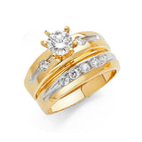 Unisex Two-Toned Regular CZ Weddings Band Trio-Set + Engagement Ring