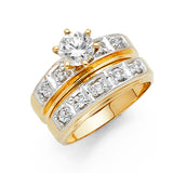 Unisex Two-Toned Squared CZ Wedding Band Trio Set + Engagement Ring