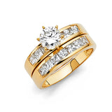 Unisex Gold Simgle Bar CZ Wedding Band Trio Set + Engagement Ring