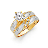 Unisex Two-Toned Diagonal CZ Lines Wedding Band Trio Set + Engagement Ring