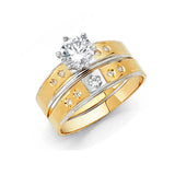 Women Two-Toned Engraved CZ Wedding Band Trio Set + Engagement Ring