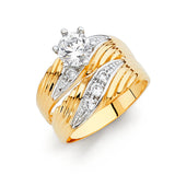 Unisex Two-Toned Gold Bold Diagonal CZ Wedding Band + Engagement Ribg