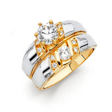 Unisex Two-Toned Half White Gold CZ Wedding Band Trio Set + Engagement Ring