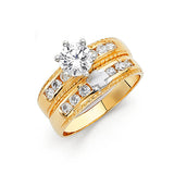 Unisex Two-Toned Middle Cross CZ Weding Band Trio Set + Engagement Ring