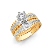 Unisex Two-Toned Textured CZ Wedding Band Trio Set + Engagement Ring