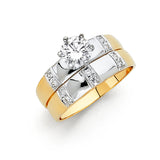 Unisex Two-Toned White Gold Square Blocked CZ Wedding Band Trio Set + Engagement Ring