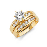 Unisex Gold Seperated CZ Wedding Band Trio Set + Engagement Ring