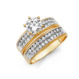 Unisex Gold Stacked CZ Wedding Band Trio Set + Engagement Ring