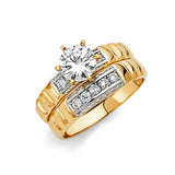 Unisex Two-Toned Square CZ and Textured Weding Band Trio Set + Engagement Ring