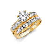 Unisex Gold SIngle Line CZ Wedding Band Trio Set + Engagement Ring