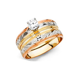 Unisex Tri-Color Cross and Leaf Pattern CZ Wedding Trio Band