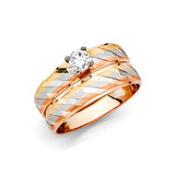 Unisex Tri-Color Diagonal Line CZ Wedding Band