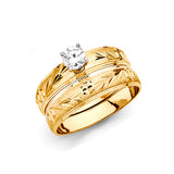 Unisex Gold Cross and Leaf Pattern CZ Wedding Band + Engagement Ring