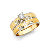 Unisex Gold and White Gold Wings and Cross CZ Wedding Band + Engagement Ring