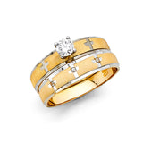 Unisex Gold and White Gold Three Cross CZ Wedding Band + Engagement Ring