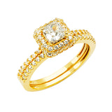 Gold Double Ring Small Squared Boarder CZ Engagement Ring