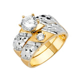 Unisex Two-Toned Sided CZ Wedding Band Trio Set + Engagement Ring