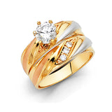 Unisex Tri-Color Lines CZ Wedding Band + Engagement Ring