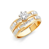 Unisex Two-Toned Single Polished Line CZ Wedding Band Tri Set + Engagement Ring