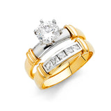 Unisex Two-Toned Boardered Squared CZ Wedding Band Trio Set + Engagement Ring