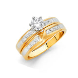 Unisex Two-Toned Split Line CZ Wedding Ring Trio Set + Engagement Ring