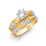 Unisex Two-Toned rounded Swirl CZ Wedding Band Trio Set + Engagement Ring