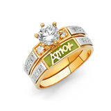 Unisex Two-Toned AMO CZ Wedding Band Trio Set + Engagement Ring